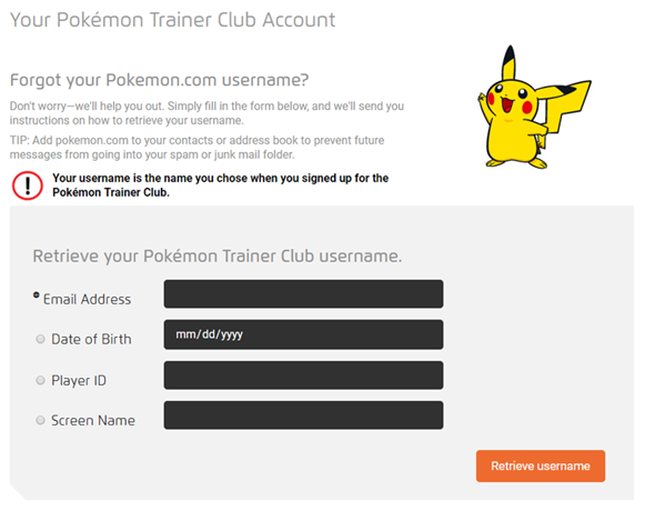 Log in to your Pokémon Trainer Club account